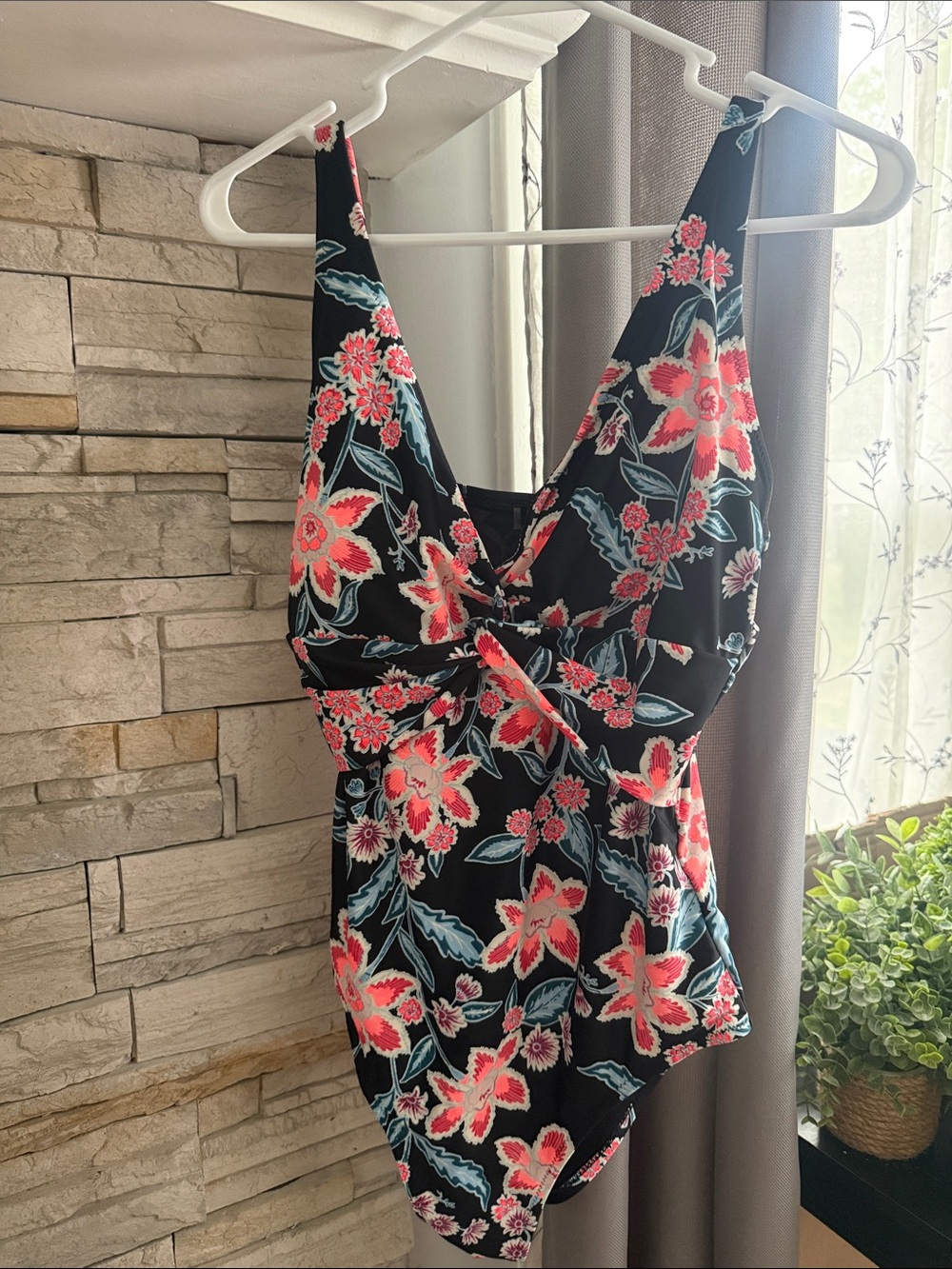 Old Navy Black One-Piece Swimsuit with Pink Floral Print